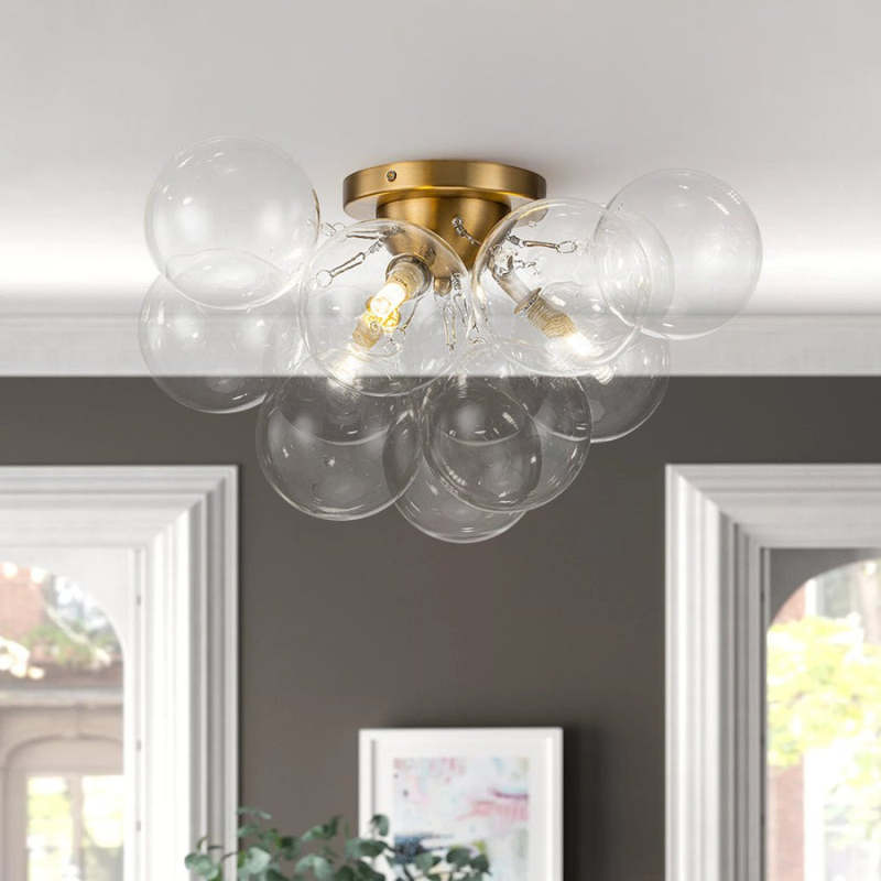 Clear Glass Globe Bubble Ceiling Light 3-Light Cluster Style Brass Finish