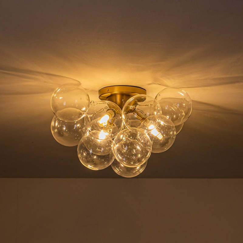 Clear Glass Globe Bubble Ceiling Light 3-Light Cluster Style Brass Finish
