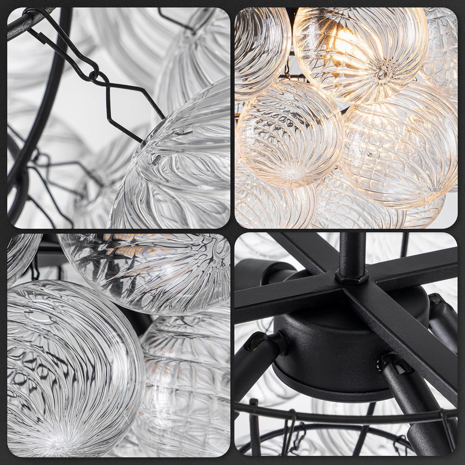 Modern Bubble Chandelier Black Finish and Clear Ribbed Blown Glass