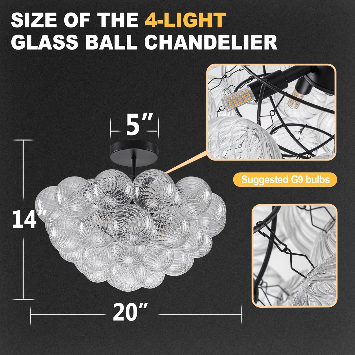 Modern Bubble Chandelier Black Finish and Clear Ribbed Blown Glass