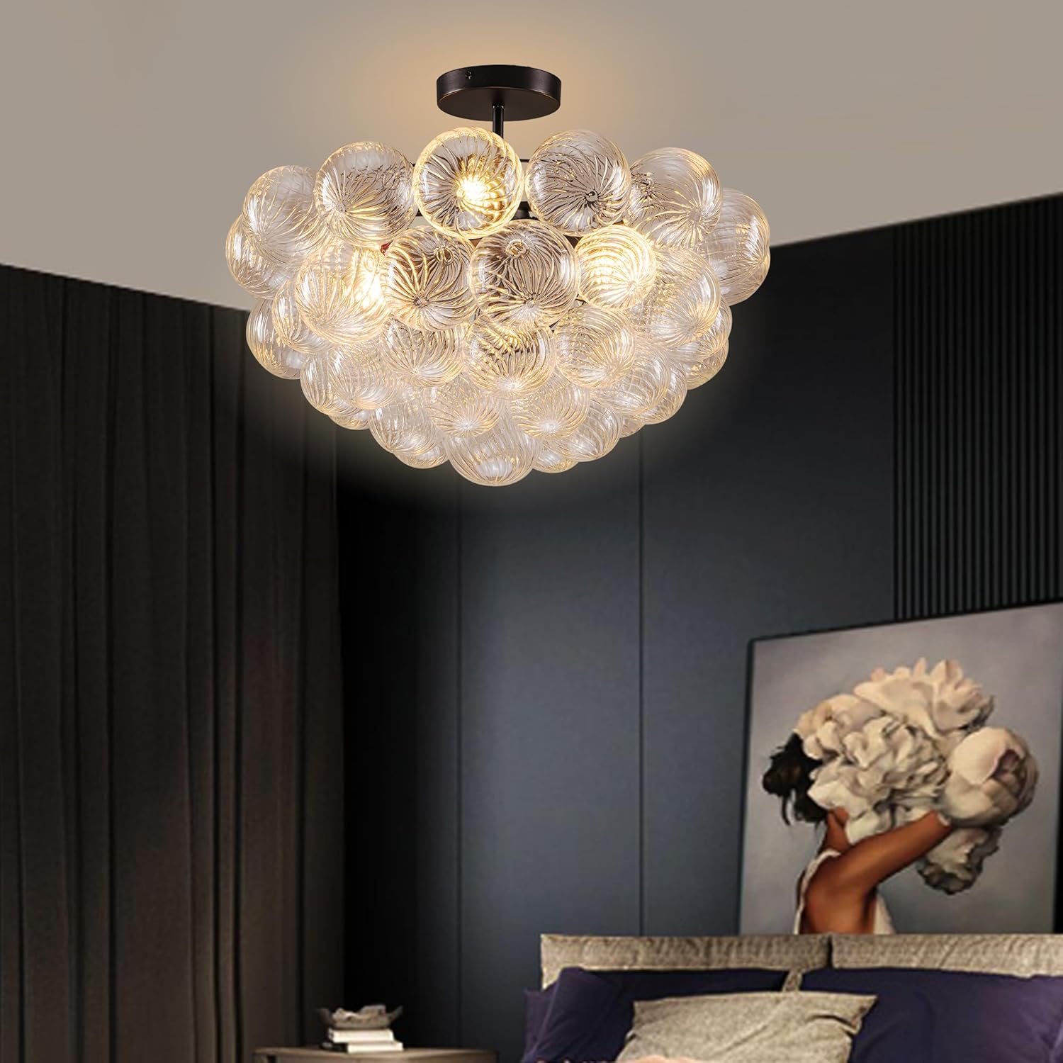 Modern Bubble Chandelier Black Finish and Clear Ribbed Blown Glass