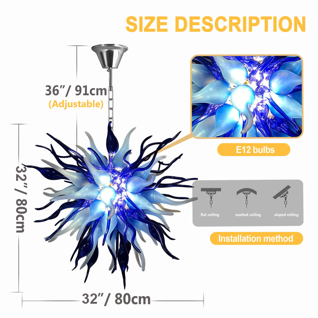 Murano Glass Art Chandelier For Entryway & Staircase(Deep Blue And Frosted White) 
