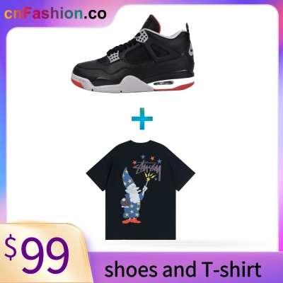 PKGoden Air Jordan 4 Retro Bred and Stussy T-Shirt XB917 01