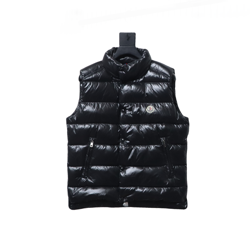 Moncler black flocking label top stand collar vest down