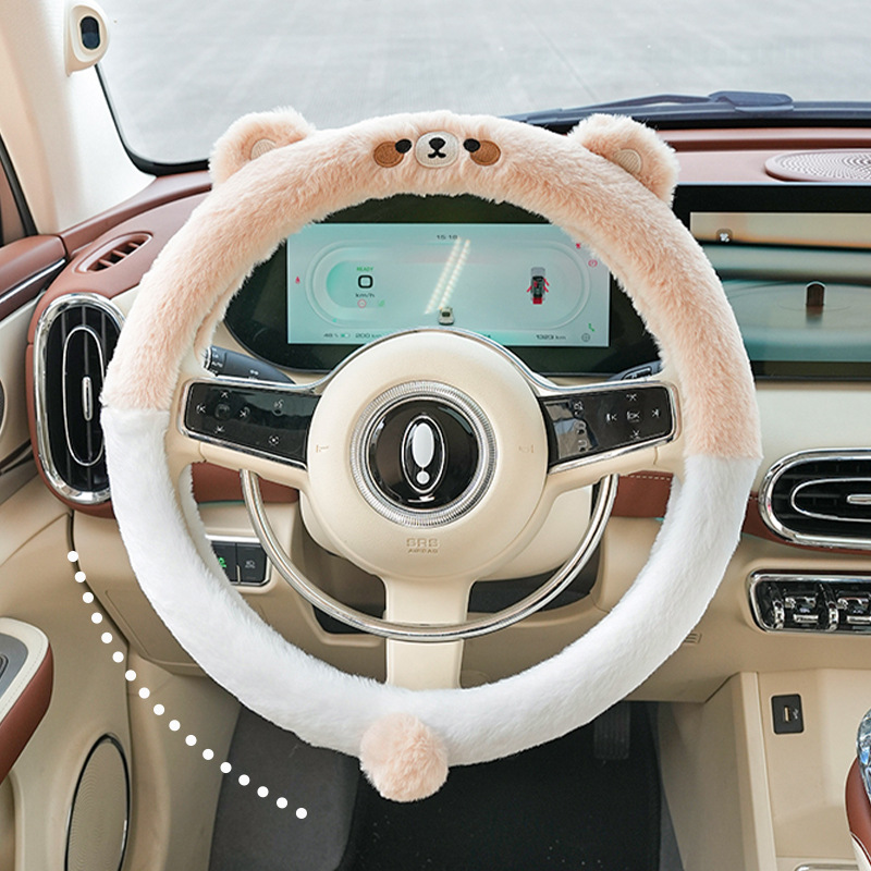 Steering Wheel Cover-Rabbit Fur Embroidered Bear
