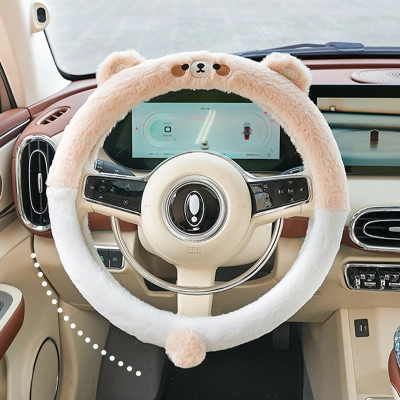 Steering Wheel Cover-Rabbit Fur Embroidered Bear 02