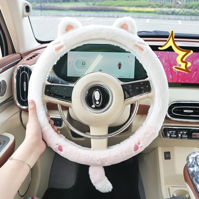Steering Wheel Cover-Rabbit Fur Embroidered Cat 02