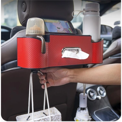 Carbon Fiber Textured Car Seat Back Storage Box White 02