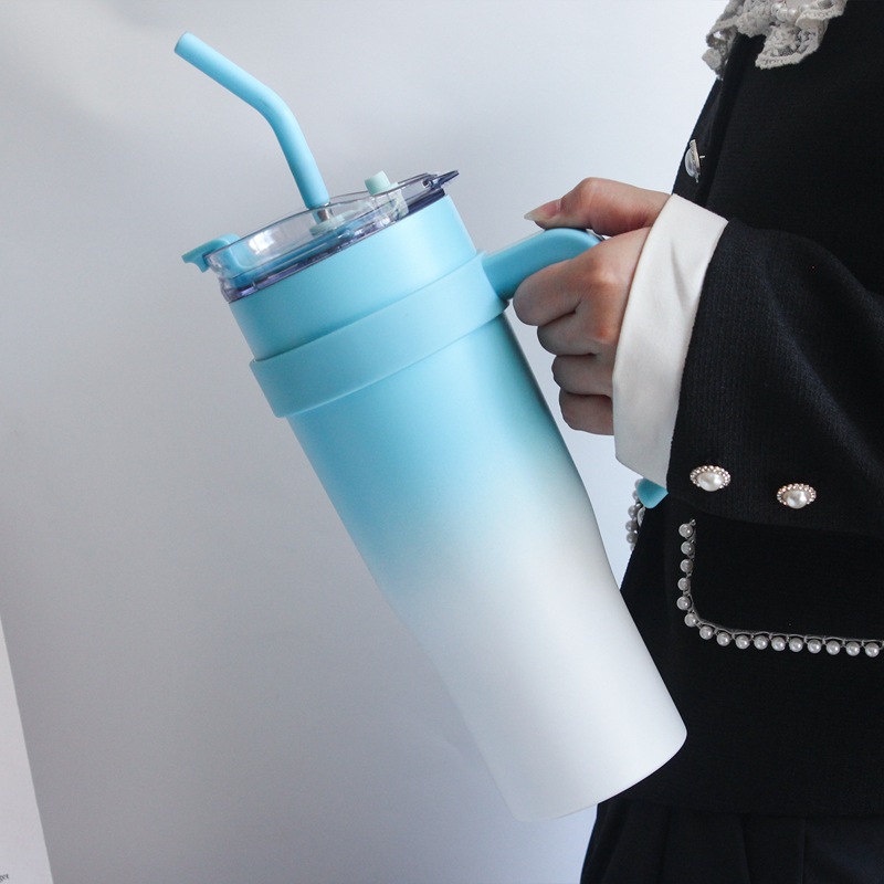 Large Capacity Straw Stainless Steel Insulation Cold Cup Blue
