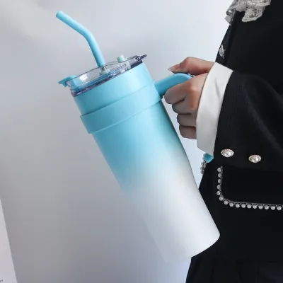 Large Capacity Straw Stainless Steel Insulation Cold Cup Blue 01