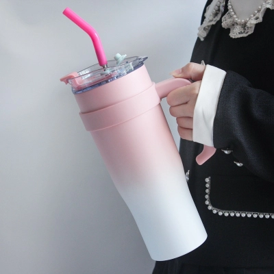 Large Capacity Straw Stainless Steel Insulation Cold Cup Pink 01