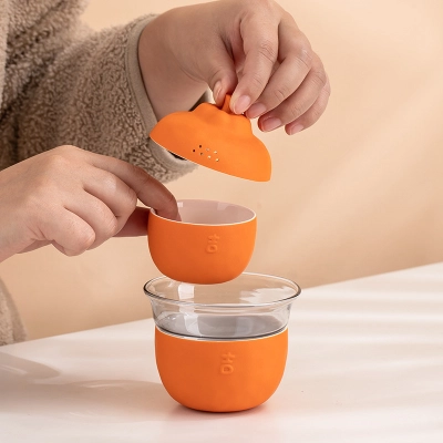 Portable Car Ceramic Tea Gift Set Orange 02