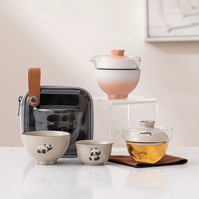 Portable Car Panda Ceramic Tea Set Gift Set