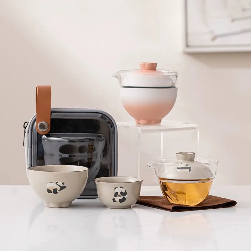 Portable Car Panda Ceramic Tea Set Gift Set
