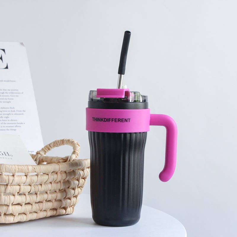 Vertical Pattern Large Capacity Straw Stainless Steel Insulation Cold Cup Black