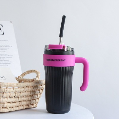 Vertical Pattern Large Capacity Straw Stainless Steel Insulation Cold Cup Black 01