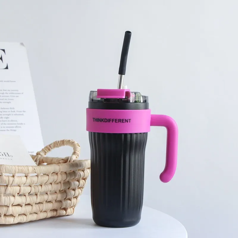 Vertical Pattern Large Capacity Straw Stainless Steel Insulation Cold Cup Black