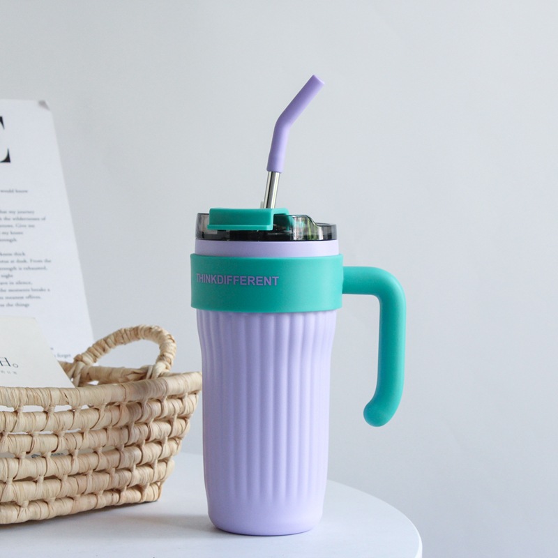 Vertical Pattern Large Capacity Straw Stainless Steel Insulation Cold Cup Purple