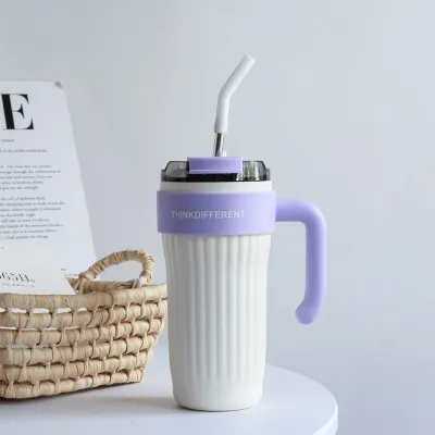Vertical Pattern Large Capacity Straw Stainless Steel Insulation Cold Cup White 01