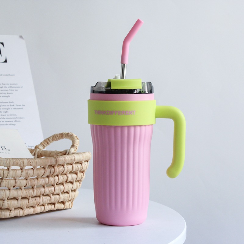 Vertical Stripes Large Capacity Straw Stainless Steel Insulation Cold Cup Pink