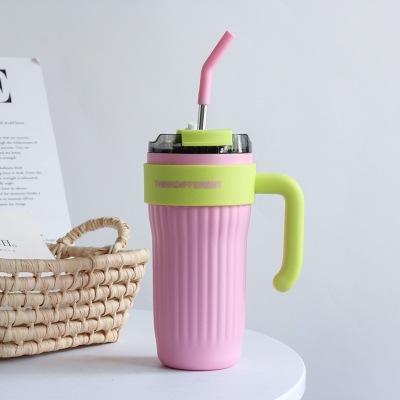 Vertical Stripes Large Capacity Straw Stainless Steel Insulation Cold Cup Pink 01