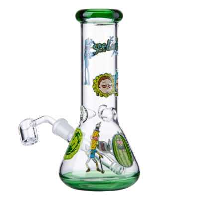 Cartoon Rick And Morty Mini Glass Beaker Bong Cheap Small Dab Rig Water Pipe W/ Ice Catcher 01