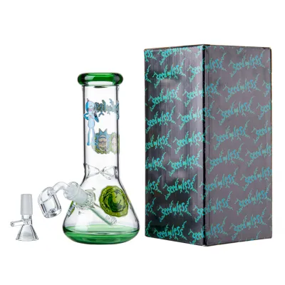 Cartoon Rick And Morty Mini Glass Beaker Bong Cheap Small Dab Rig Water Pipe W/ Ice Catcher 02