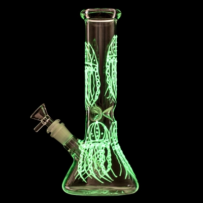 Glow in the Dark Jellyfish Beaker Bong Clear Glass Animal Dab Rigs W/ Ice Catcher 02