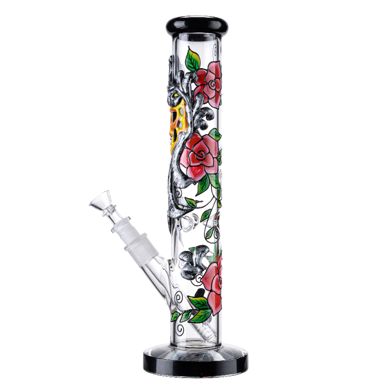 14'' Black Thorny Rose and Fumed Skull Glass Thick Bong Big Ice Straight Shooter Water Pipe 