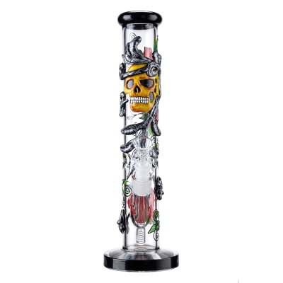  14" Black Thorny Rose and Fumed Skull Glass Thick Bong Big Ice Straight Shooter Water Pipe  02