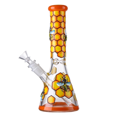 Cool Yellow 10" Busy Honeybee Beaker Bong 3D Hand Painting Glass Dab Rig W/ Ice Catcher  01