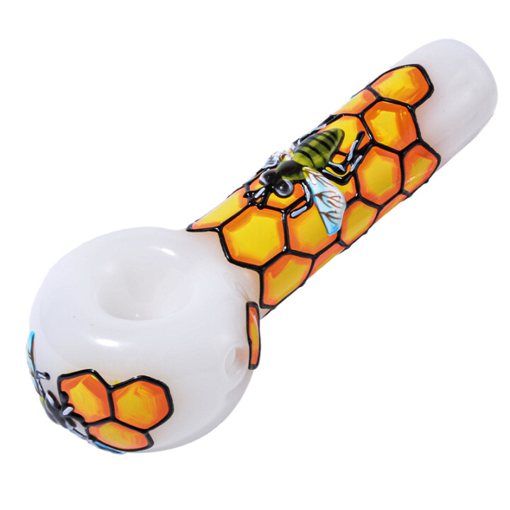 Cool Thick 3D Honeybee Hand Pipe Big Bowl Glass Blown Spoon Pipe 