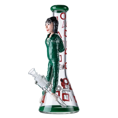 14'' Green Squid Game Beaker Bong Big Dab Rig Thick Round Six Waterpipe W/ Ice pinch  02