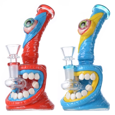 Mini Cheap Blue Red Eyes Teeth Bong Small Animal Dab Rig Showerhead Perc Water Pipe  01