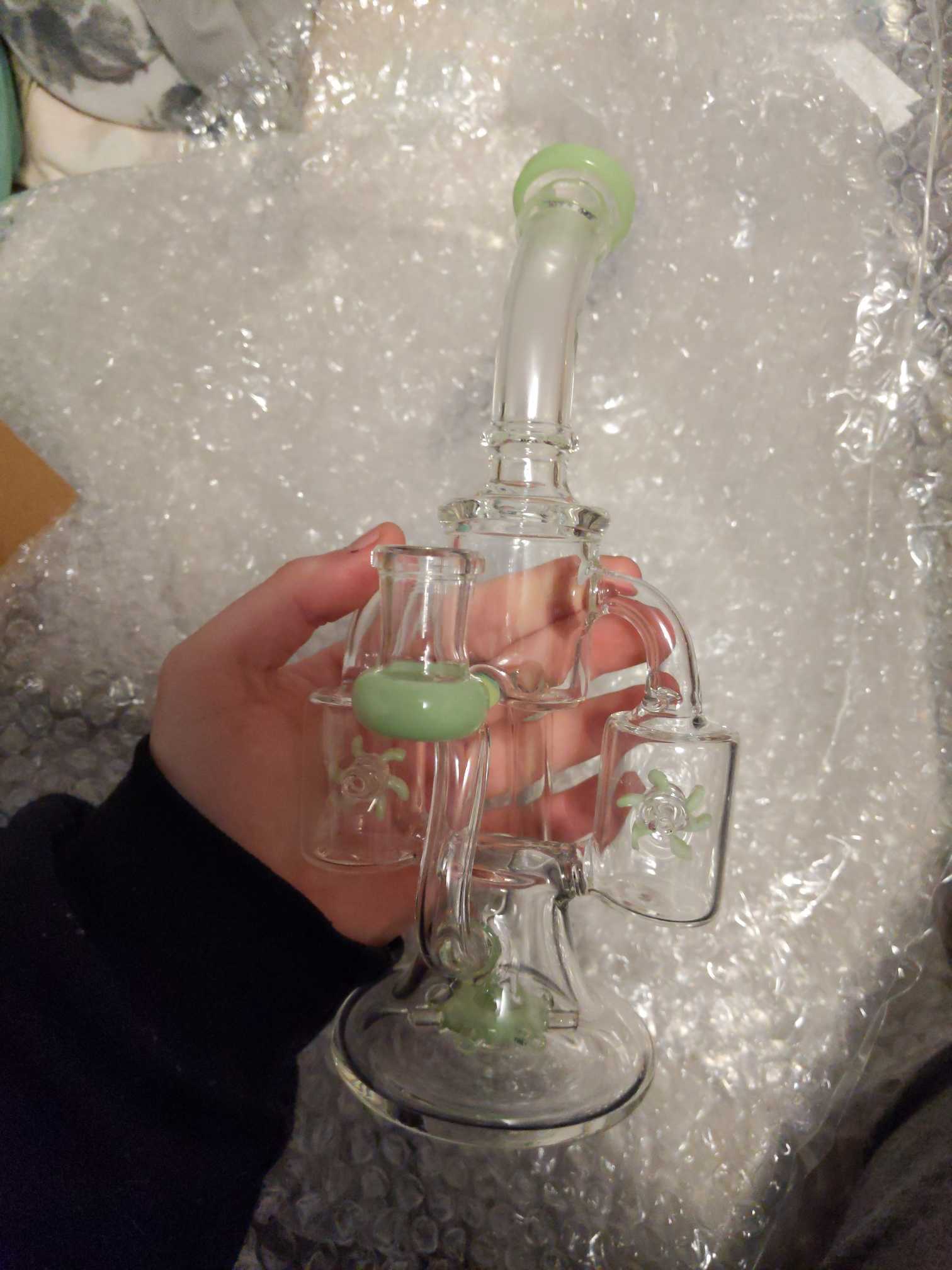 Best Double Recycler Bong Dab Rig Sprinkler-Propeller Perc Green Glass Water Pipe review Jadel