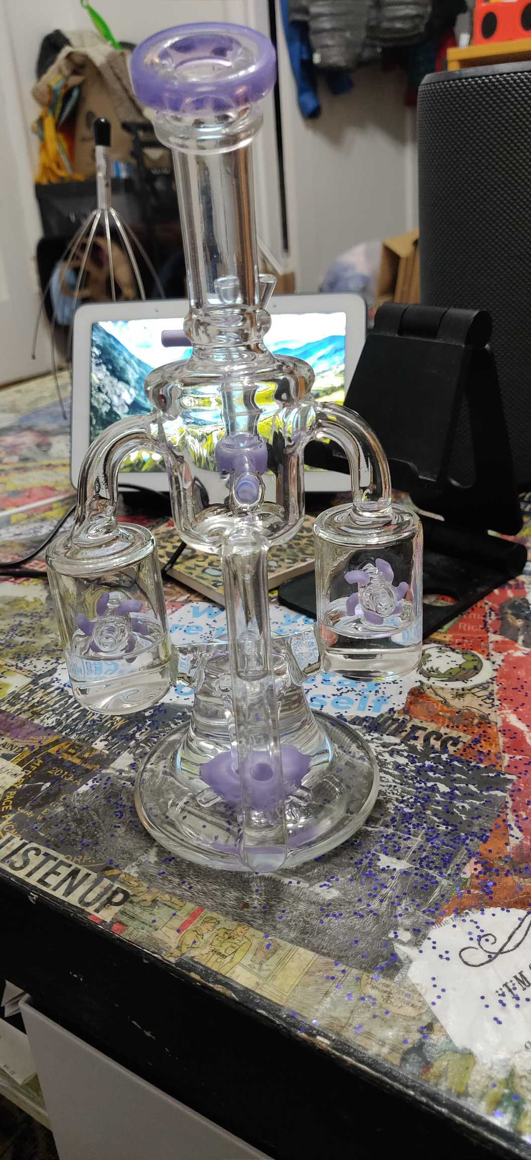 Best Double Recycler Bong Dab Rig Sprinkler-Propeller Perc Green Glass Water Pipe review 3