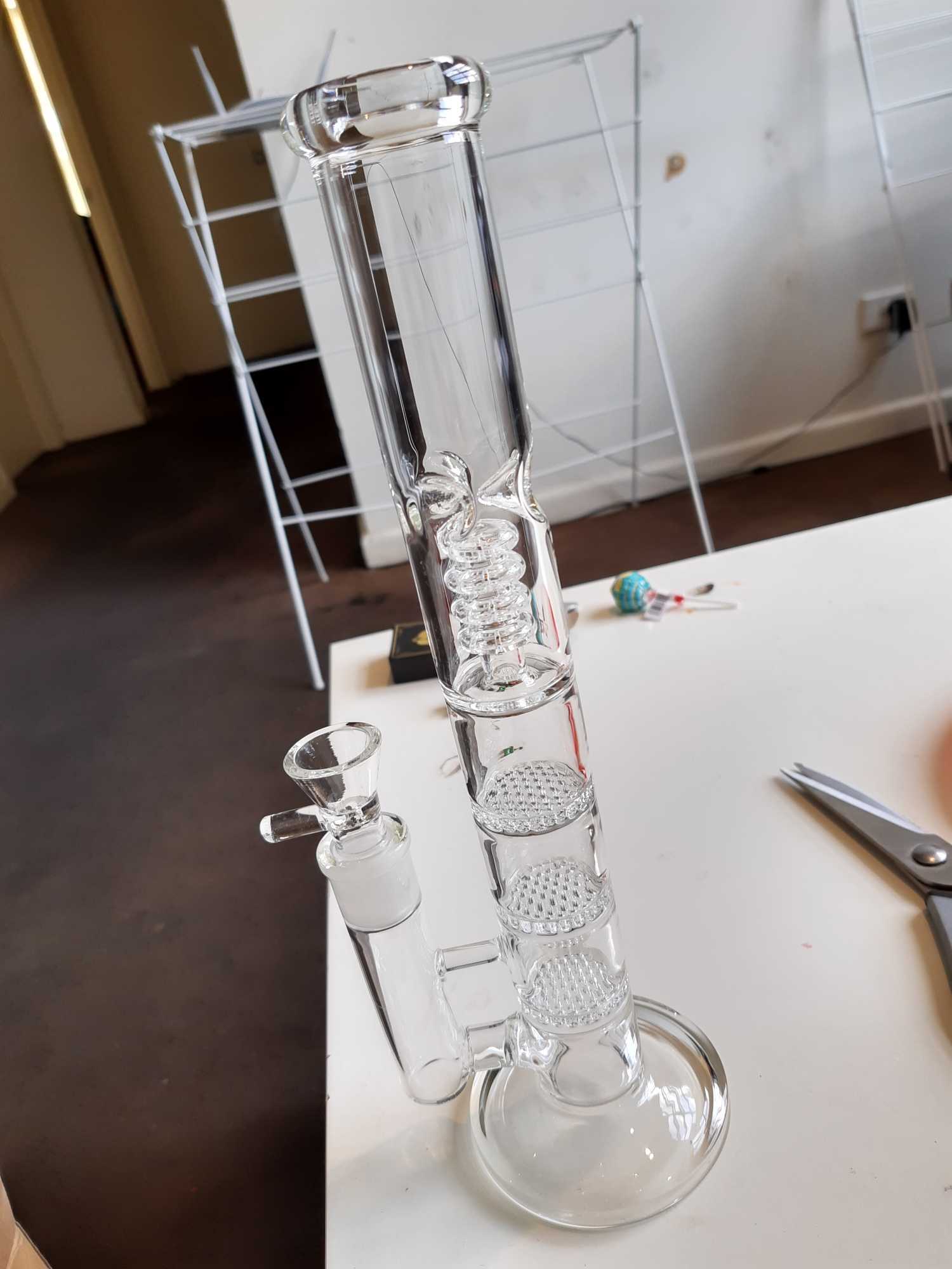 12 Inch Cheap Straight Tube Clear Bongs Triple Honeycomb Perc Glass Water Pipes review 0