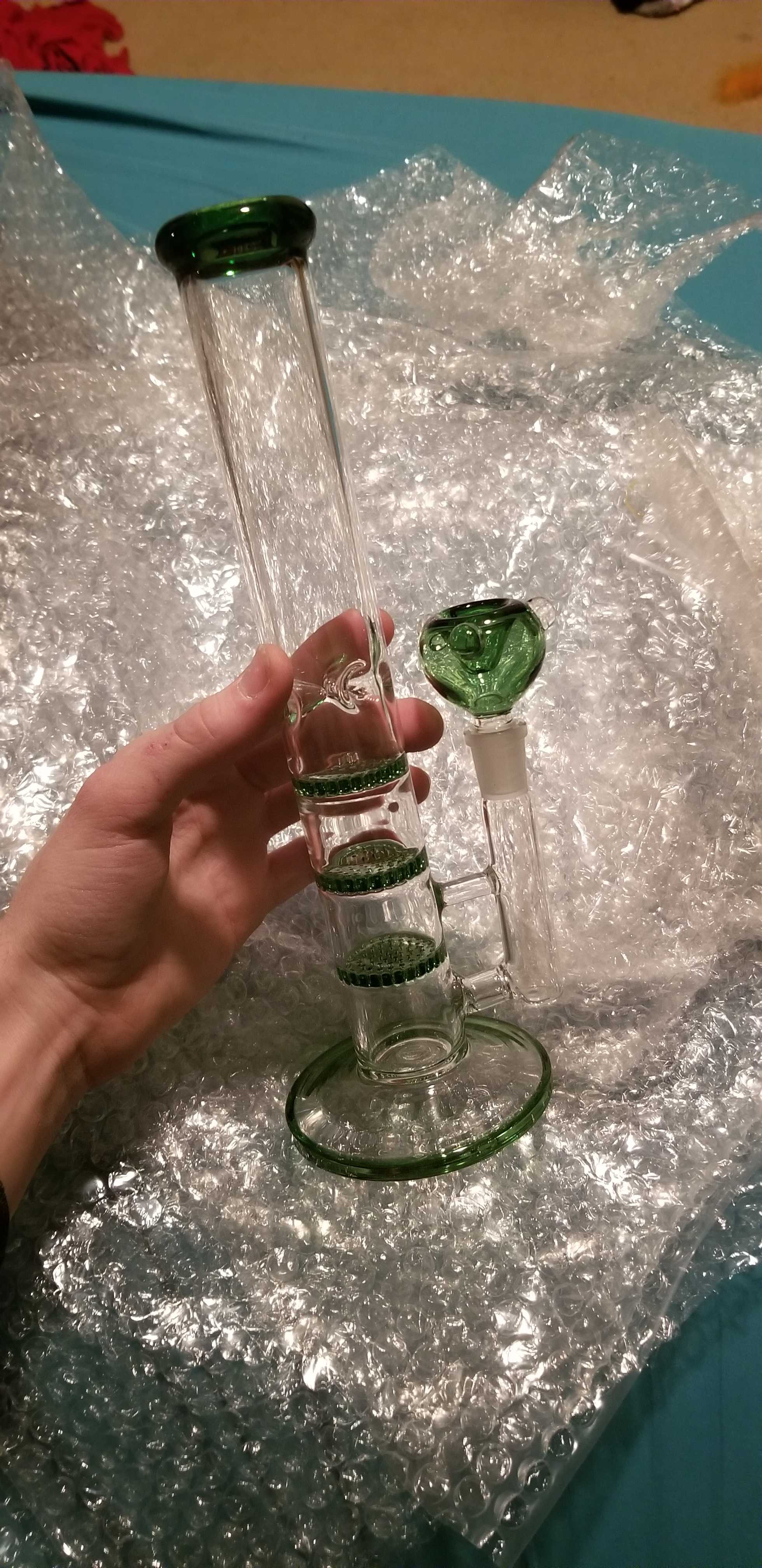 10 Inch Straight Cheap Bong Triple Honeycomb Perc Dab Rig Green Blue Glass Water Pipe review 0