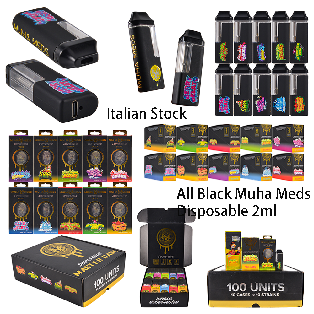 200pcs/case Italian Stock Black Muha Meds 2g Disposable Vape Rectangular Style