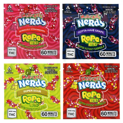 Medicated Nerds Rope Bites Edibles Packaging Cannabis Bags 4 Flavors 600mg Capacity 01