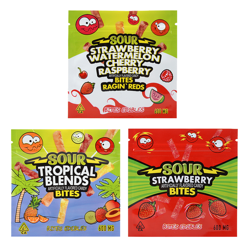 Sour Bites Edibles Packaging Cannabis Bags 3 Flavors 600mg Capacity
