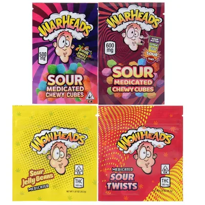 Warheads Medicated Edibles THC Gummies Packaging Bags 4 Flavors 500mg-600mg Capacity 01