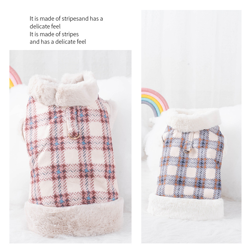 Pet Warm Rabbit Fur Grid With Traction Buckle Clothing