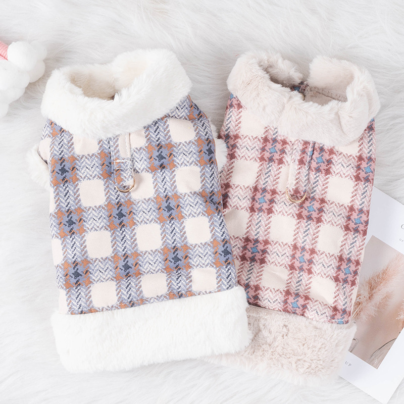 Pet Warm Rabbit Fur Grid With Traction Buckle Clothing
