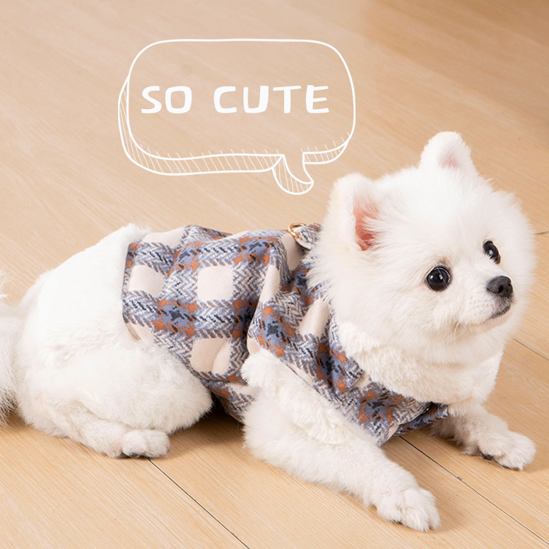 Pet Warm Rabbit Fur Grid With Traction Buckle Clothing