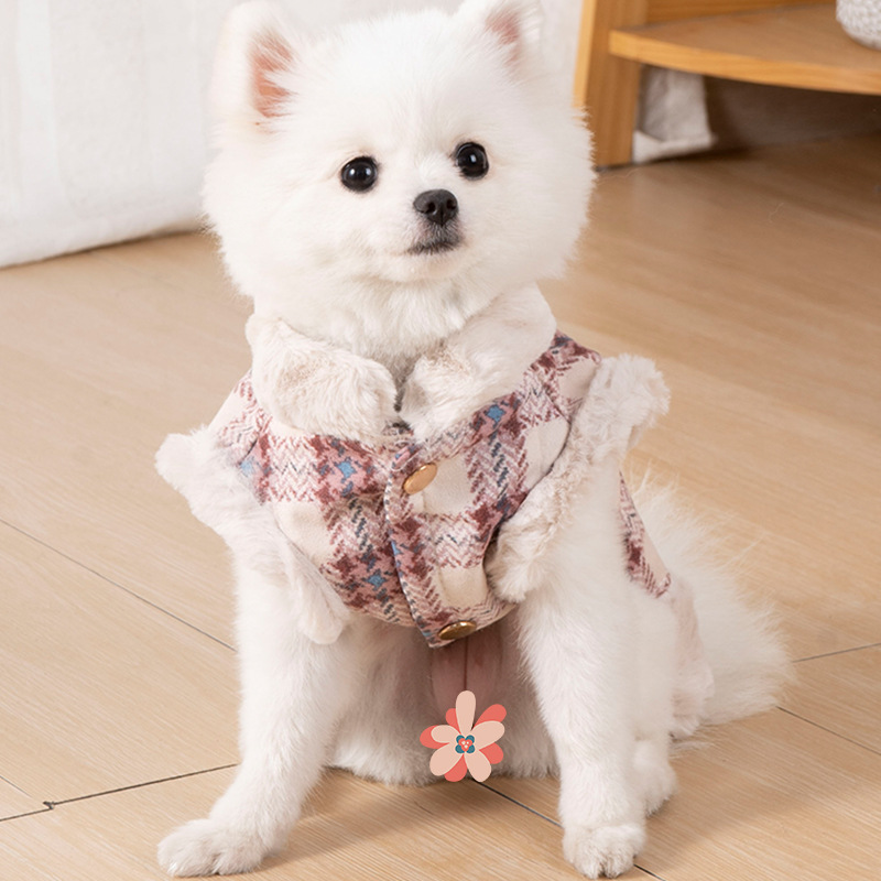 Pet Warm Rabbit Fur Grid With Traction Buckle Clothing