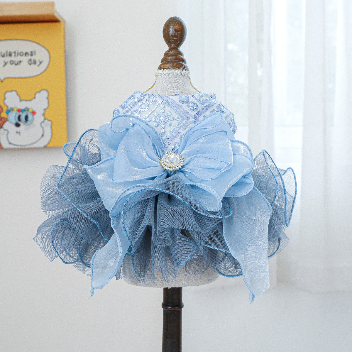 Pet Blue Tulle Wedding Dress with Bowknot and Sequins
