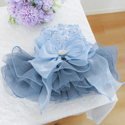 Pet Blue Tulle Wedding Dress with Bowknot and Sequins 01