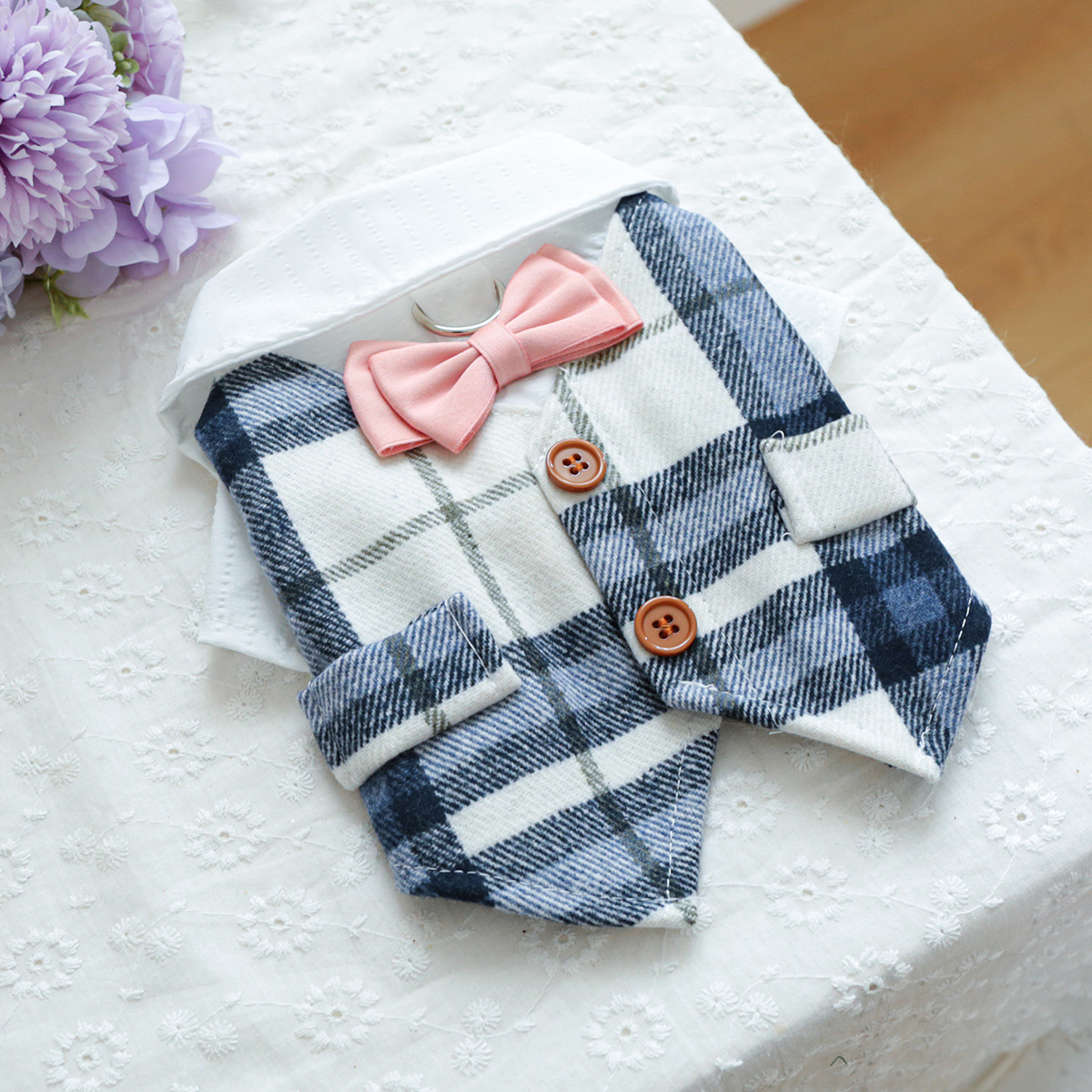 Pet Autumn Winter Warm Blue Checkered Tuxedo