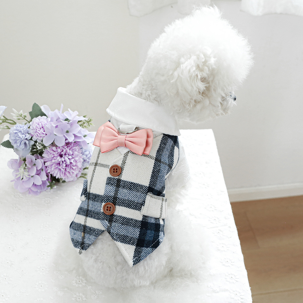 Pet Autumn Winter Warm Blue Checkered Tuxedo